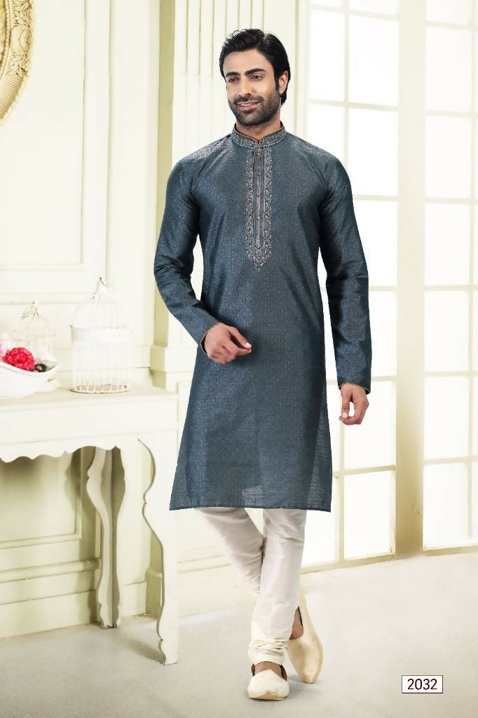 Raivat Ethnic Jacquard Banarasi Silk Thread Work Kurta Pajama In Grey Colour - Distacart