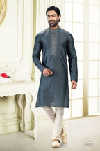Raivat Ethnic Jacquard Banarasi Silk Thread Work Kurta Pajama In Grey Colour - Distacart