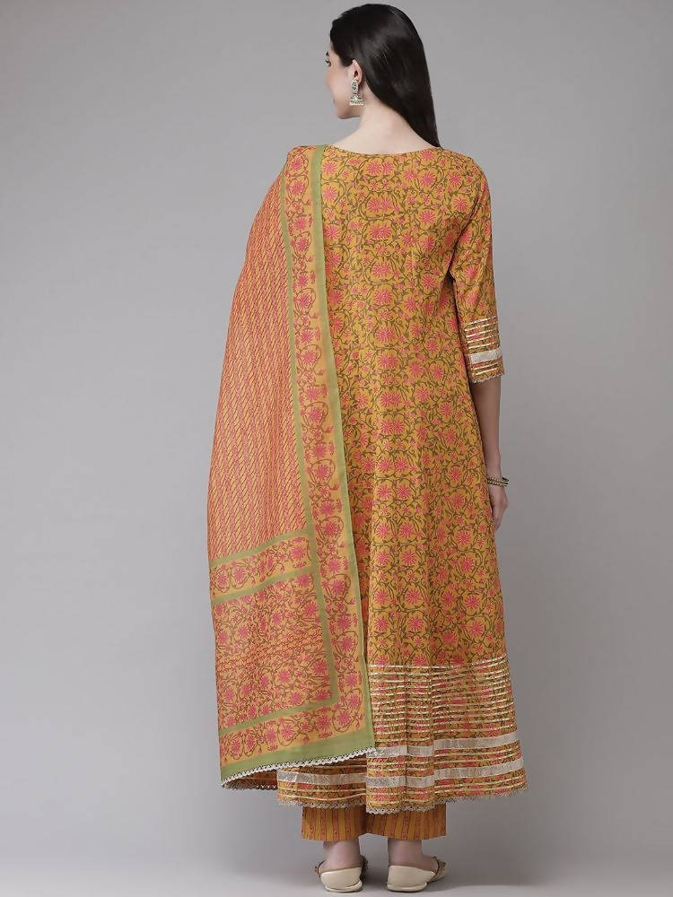 Yufta Yellow Printed kurta with Trouser Dupatta Set