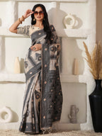Shree Shyam Fashion Linen Cotton Black & Cream Saree - Distacart
