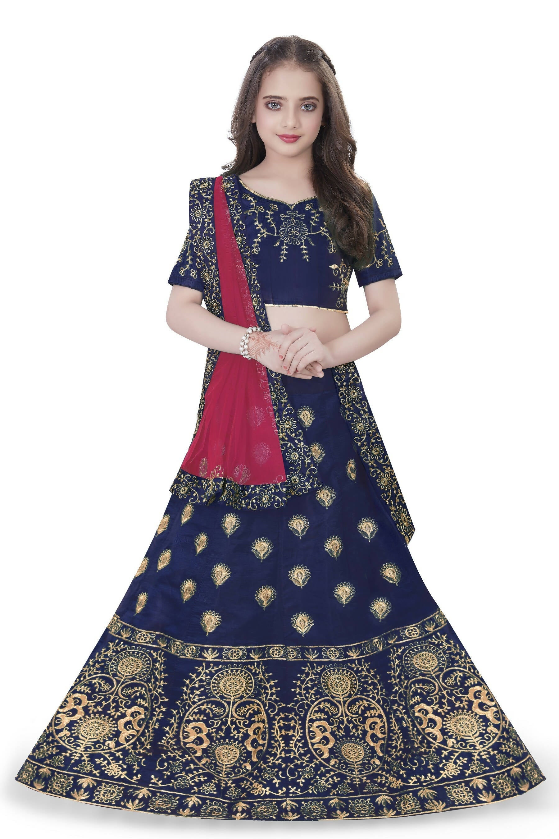 Dwiden Navy Blue Gulab Tafetta Sattin Semi-Stitched Girl's Lehenga Choli