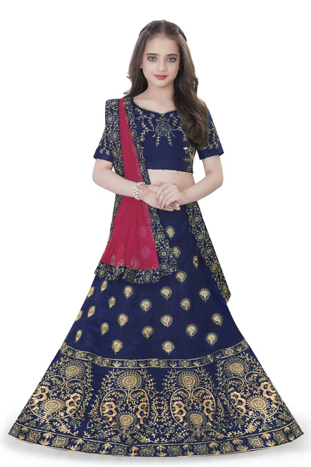 Dwiden Navy Blue Gulab Tafetta Sattin Semi-Stitched Girl's Lehenga Choli