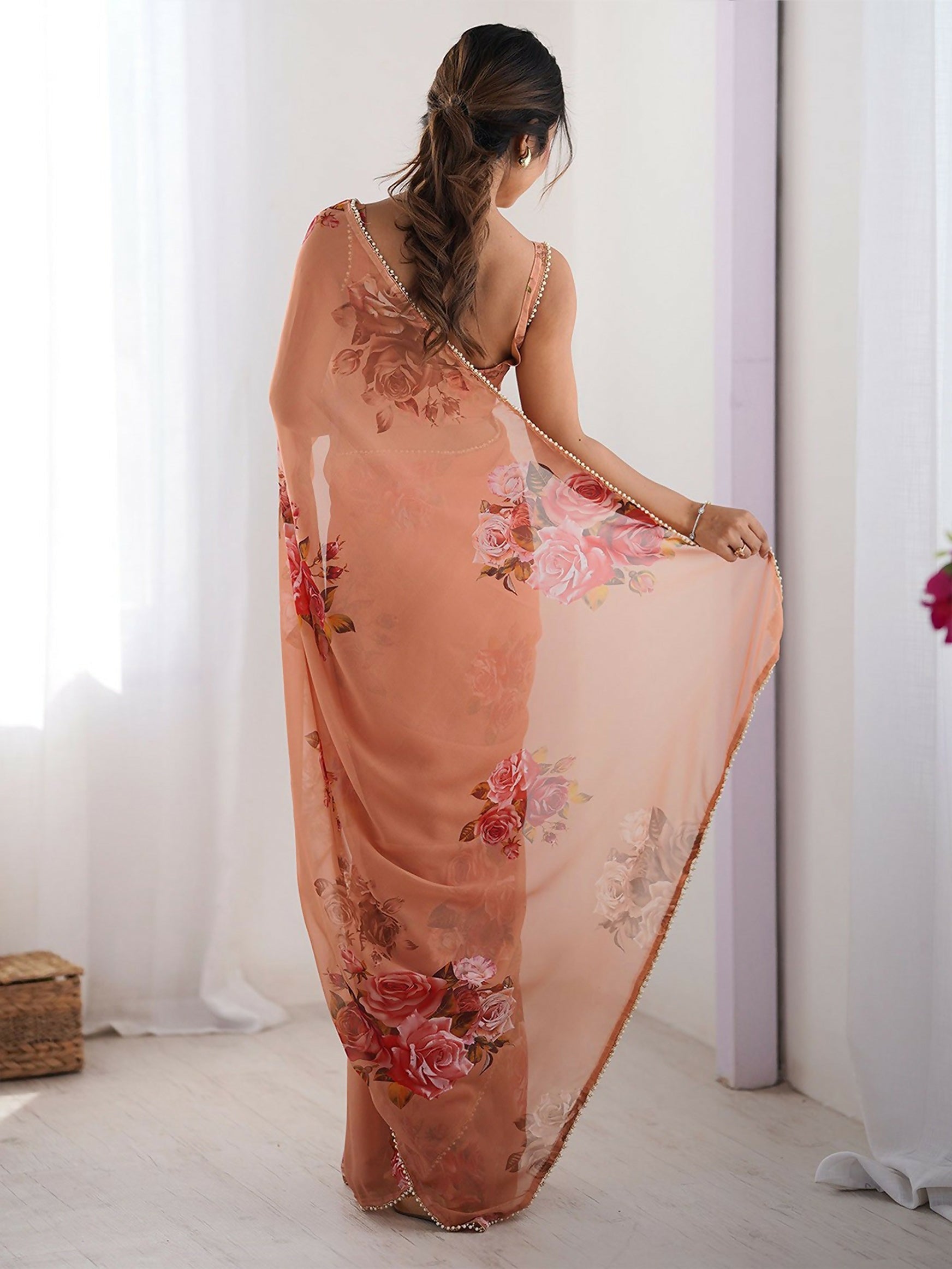 Traditional Partywear Peach Georgette Fancy Saree-Pavitra - Distacart