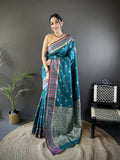 Joban Fashion Teal Blue Woven Zari Motifs Lichi Silk Banarasi Silk Saree - Distacart