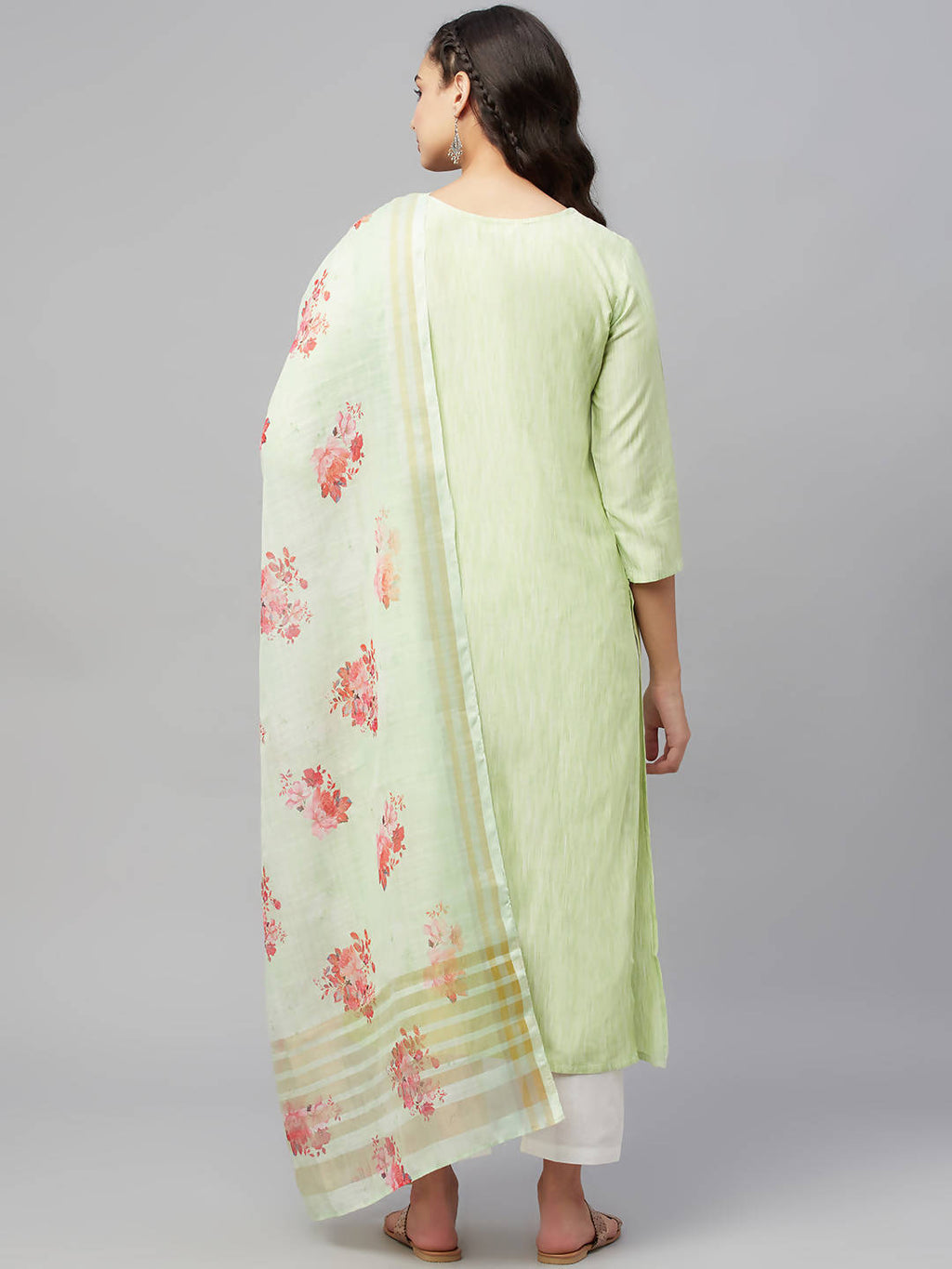 Myshka Green Embroidered 3/4 Sleeve V Neck Kurta Pant Dupatta Set - Distacart
