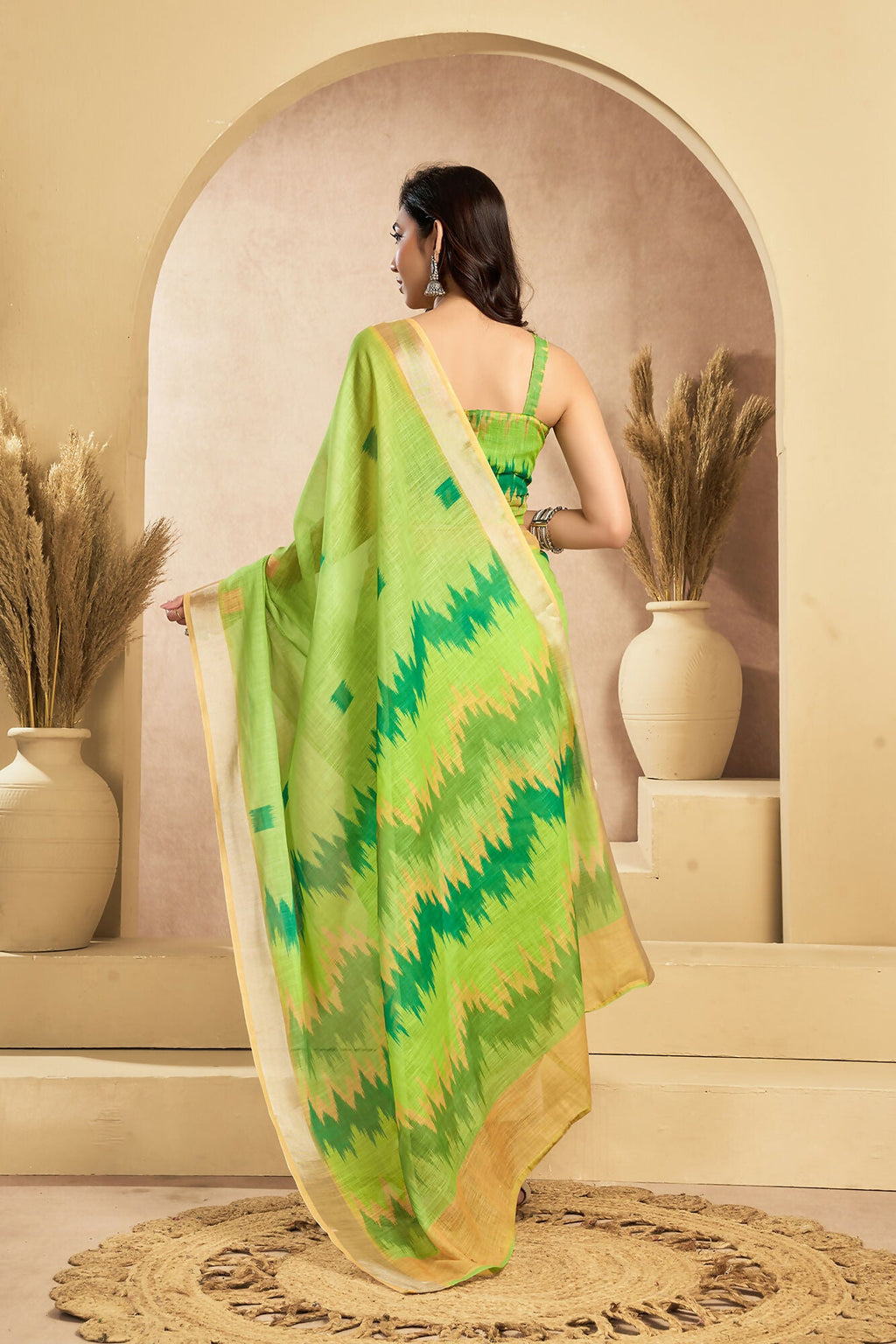 Vastranavya Mint Green Digital Printed Linen Ready To Wear Pocket Saree with Unstitched Blouse - Distacart