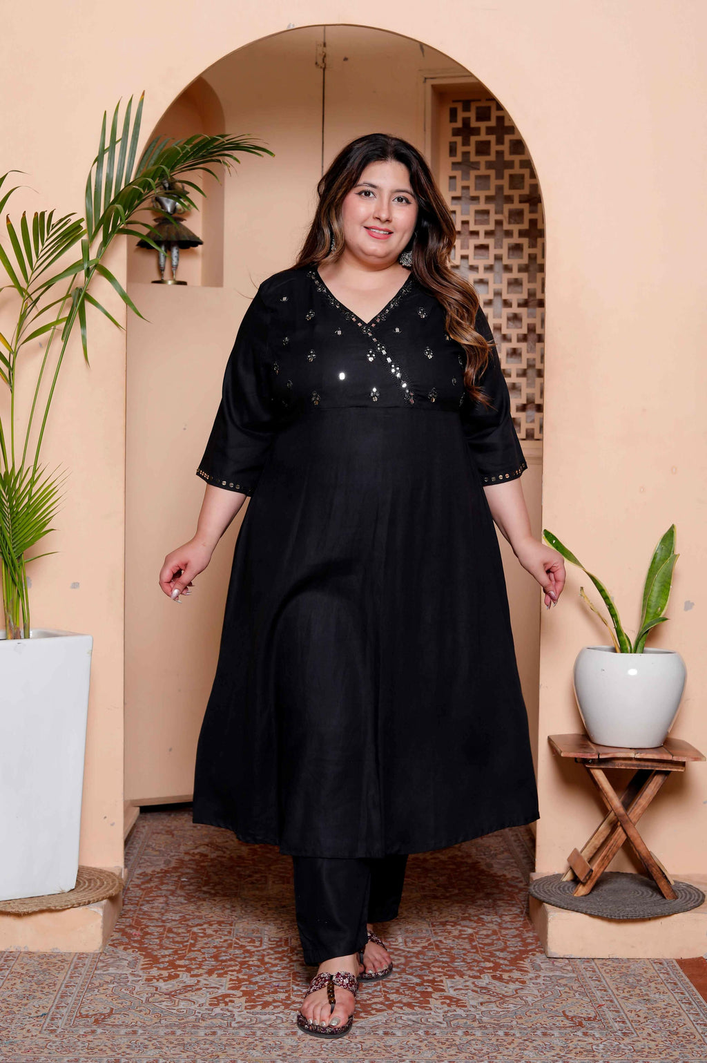 Miravan Womens Plus Size Black Mirror work Angrakha Kurta and Palazzo Set - Distacart