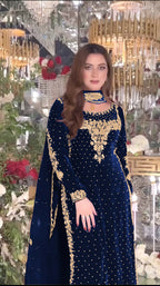 Joban Fashion Blue Velvet Sequence Embroidery Work Kurta Set - Distacart