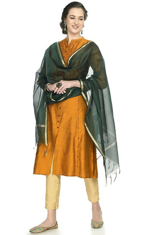 Mominos Fashion Moeza Banarsi Piping Bottle Green Dupatta