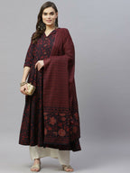 Miravan Women's Pure Floral Printed Anarkali Kurta With Gold Print Dupatta