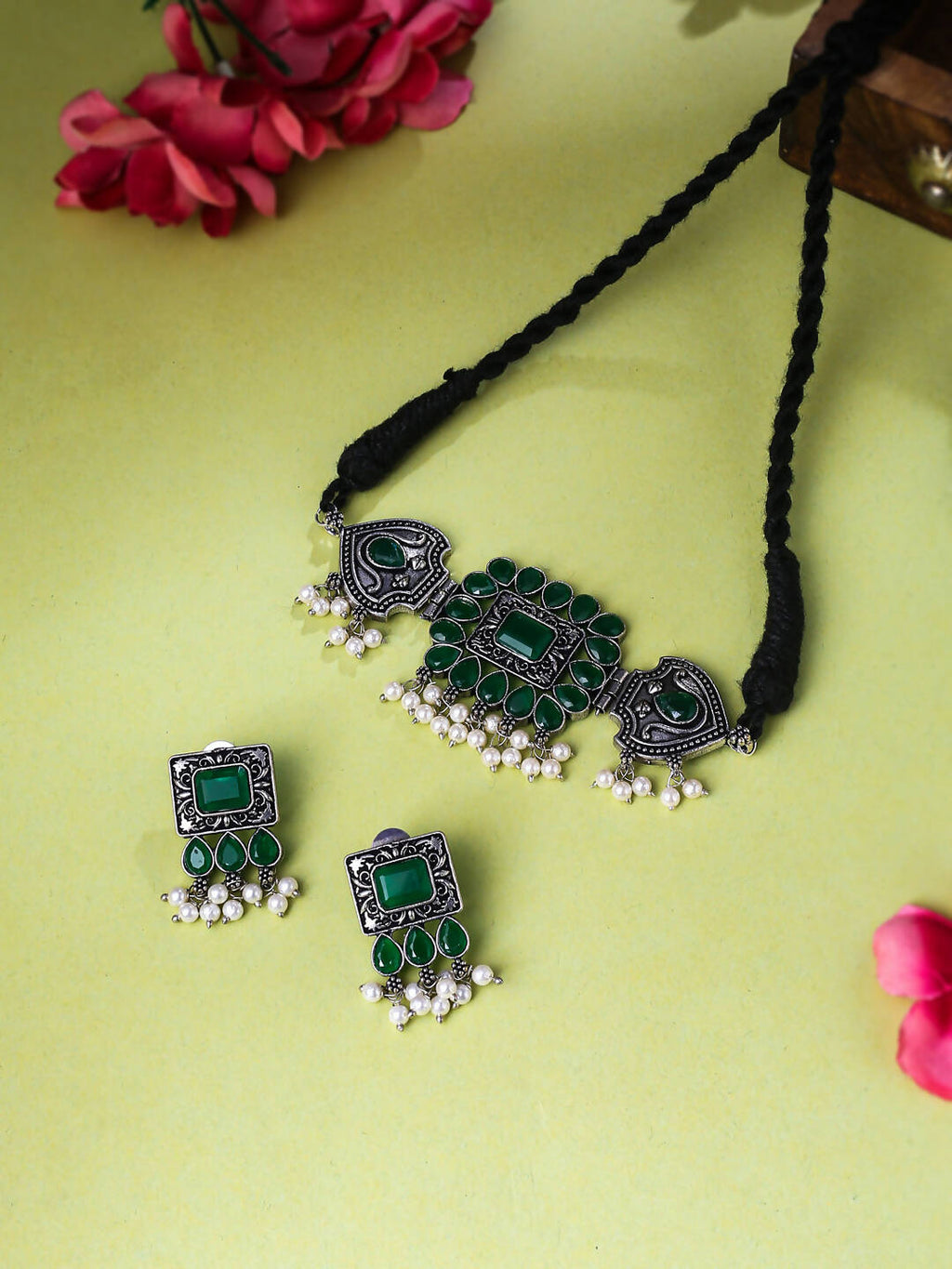 NVR Women's Oxidised Silver Plated Green Color Stone Jewellery Set With Earrings - Distacart