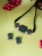 NVR Women's Oxidised Silver Plated Green Color Stone Jewellery Set With Earrings - Distacart