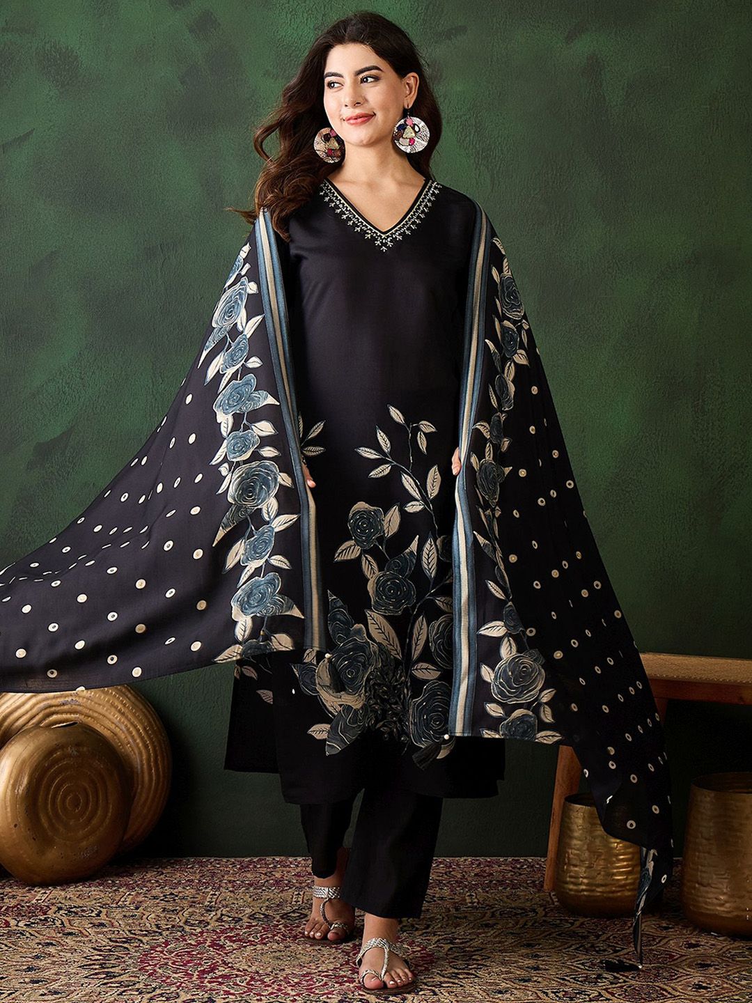 Sangria Floral Printed Sequinned V-Neck Straight Kurta & Trouser With Dupatta