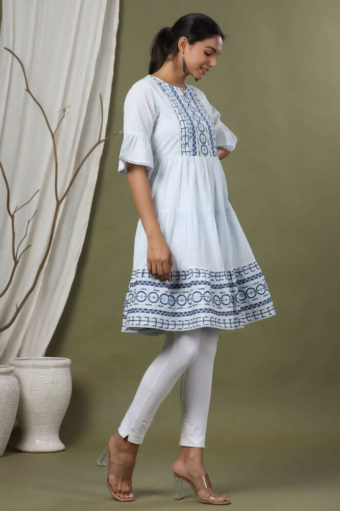 Juniper Sky Blue Cotton Dobby Festive Embroidered Tiered Dress For Women - Distacart