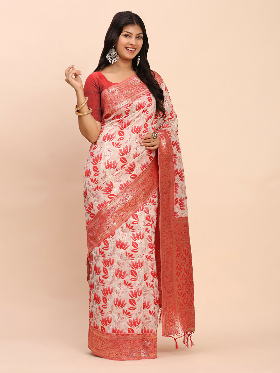 Shree Shyam Fashion Linen Cotton Red Saree - Distacart
