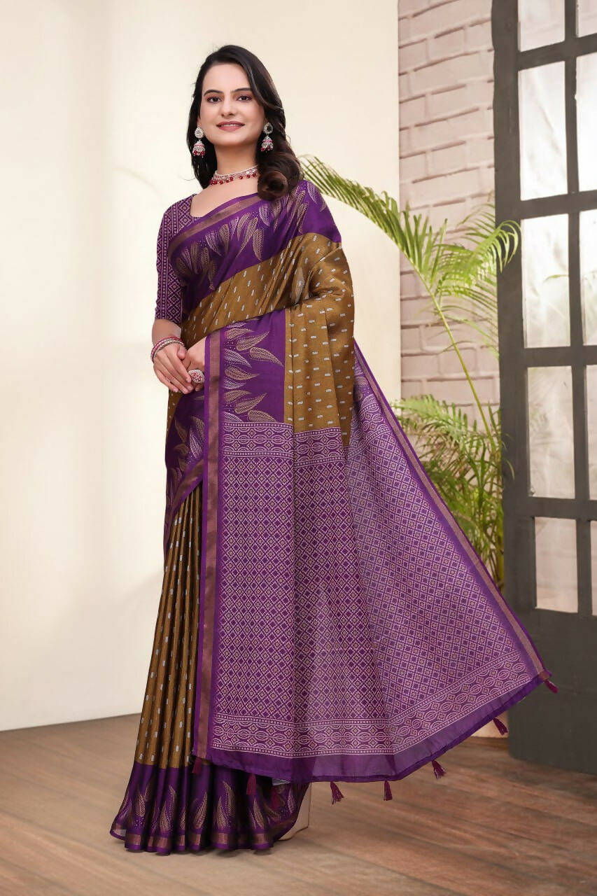 Prime Volt Mal Cotton Mustard Purple Ethnic Printed Saree with Designer Blouse Piece - Distacart