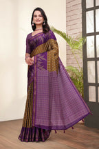 Prime Volt Mal Cotton Mustard Purple Ethnic Printed Saree with Designer Blouse Piece - Distacart