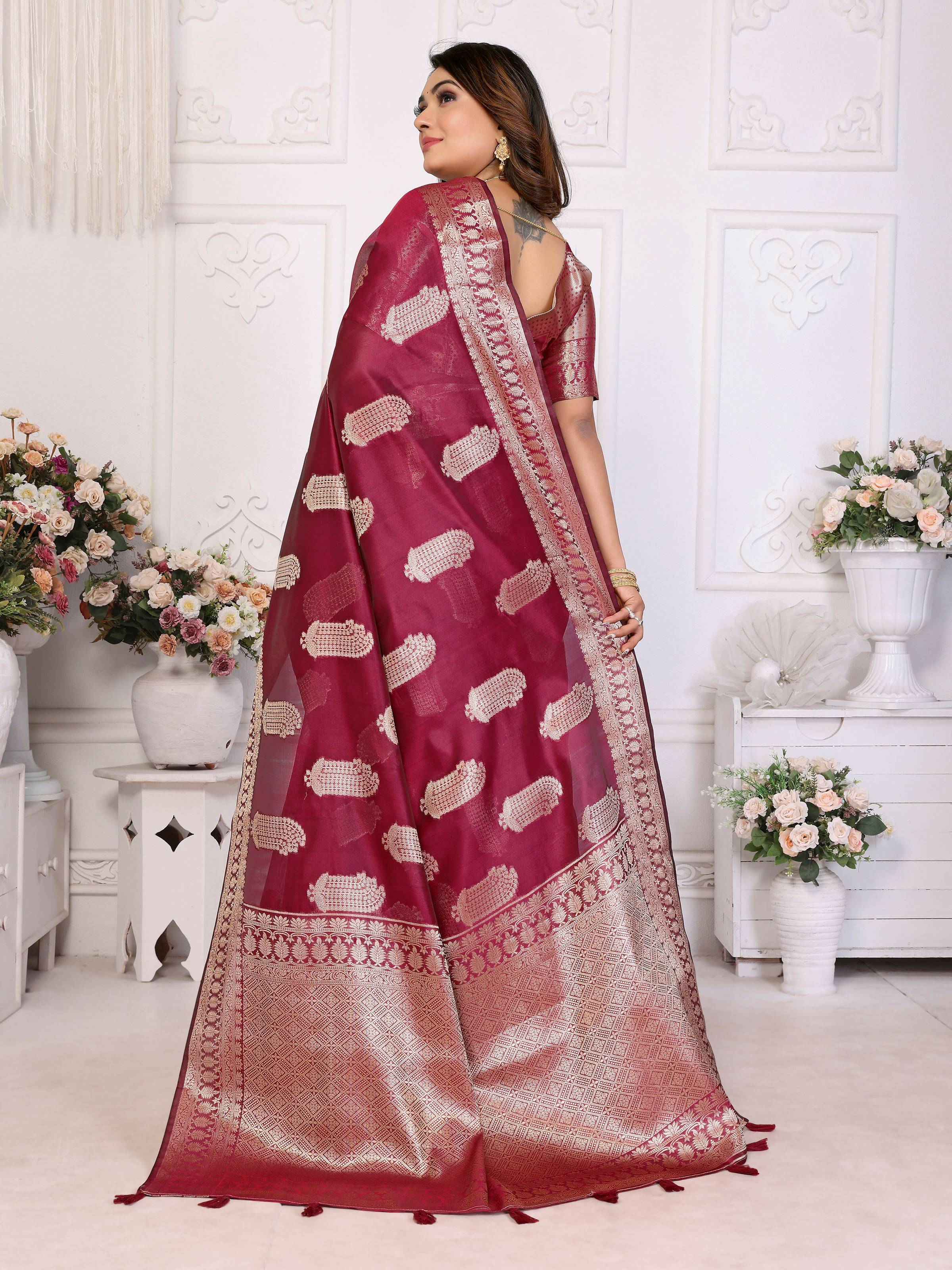 Aastha Fashion Wine Soft Organza Silk Weaving Saree - Distacart