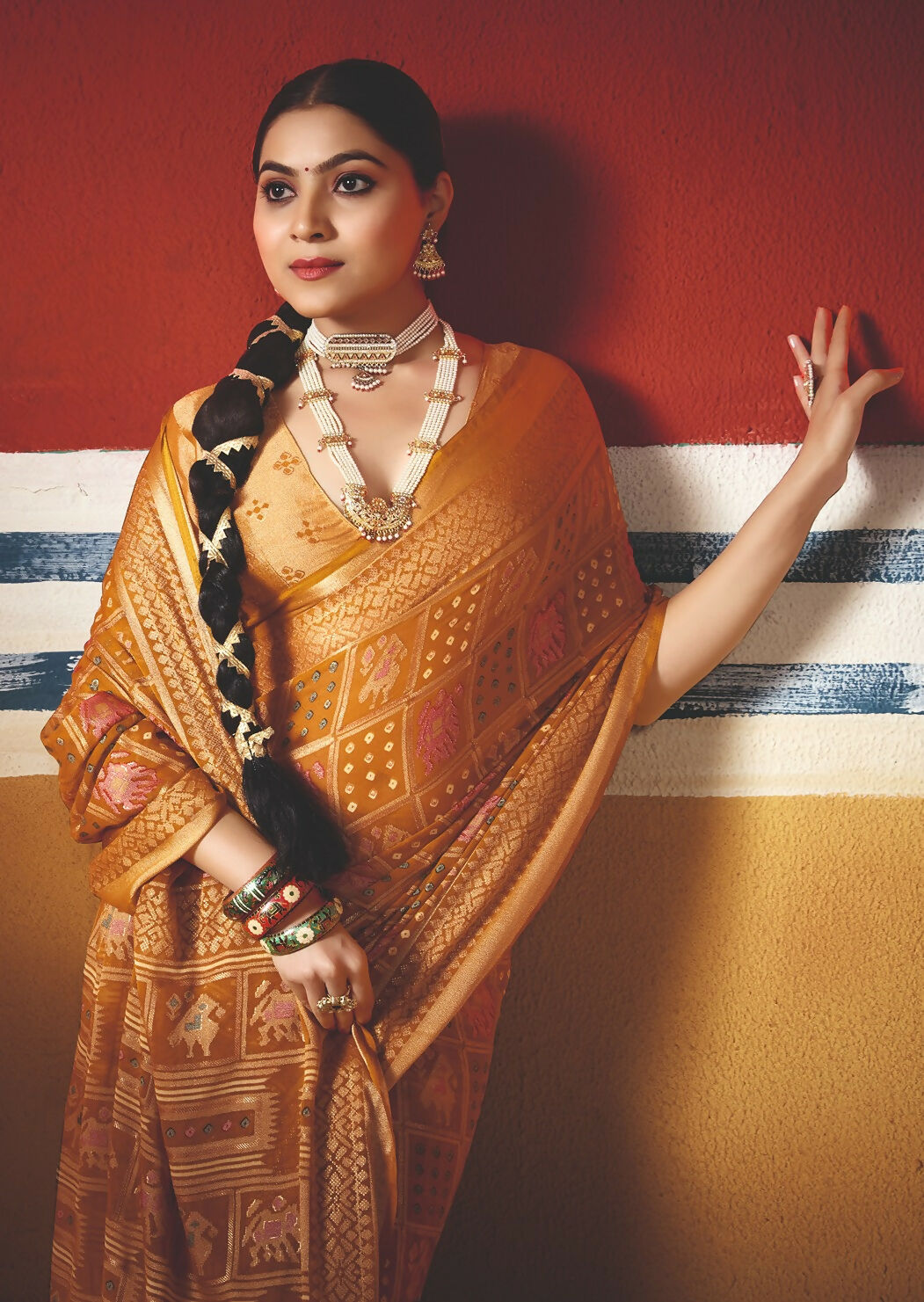 Joban Fashion Yellow Dull Moss Brasso Saree - Distacart