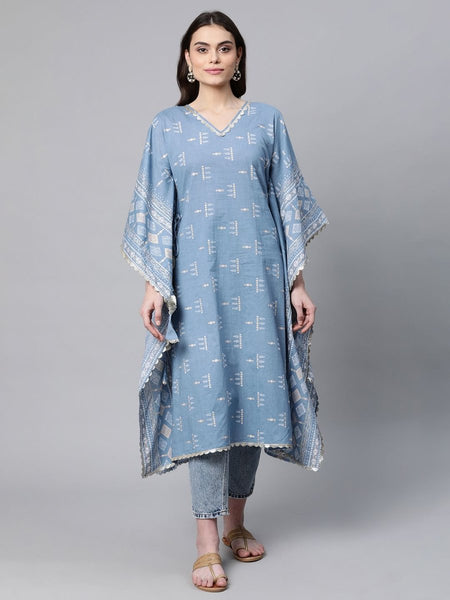 Ahalyaa Beige Pure Cotton Floral Printed Kaftan Kurta