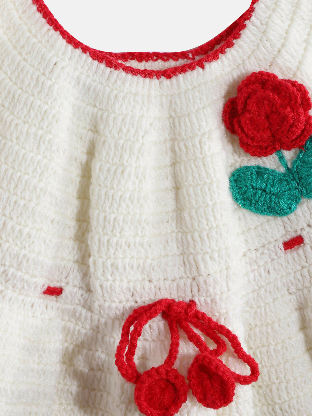 Chutput Kids Woollen Hand Knitted Full Sleeves Rosette Work Dress For Baby Girls - White