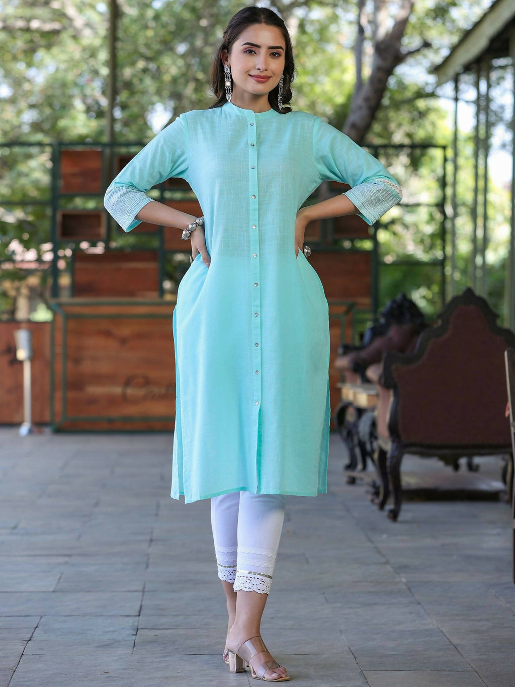 Juniper Women's Seagreen Cotton Slub Embroidered Straight Kurta - Distacart