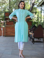 Juniper Women's Seagreen Cotton Slub Embroidered Straight Kurta - Distacart