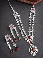 NVR Women's Silver-Plated Red CZ-Studded Handcrafted Jewellery Set