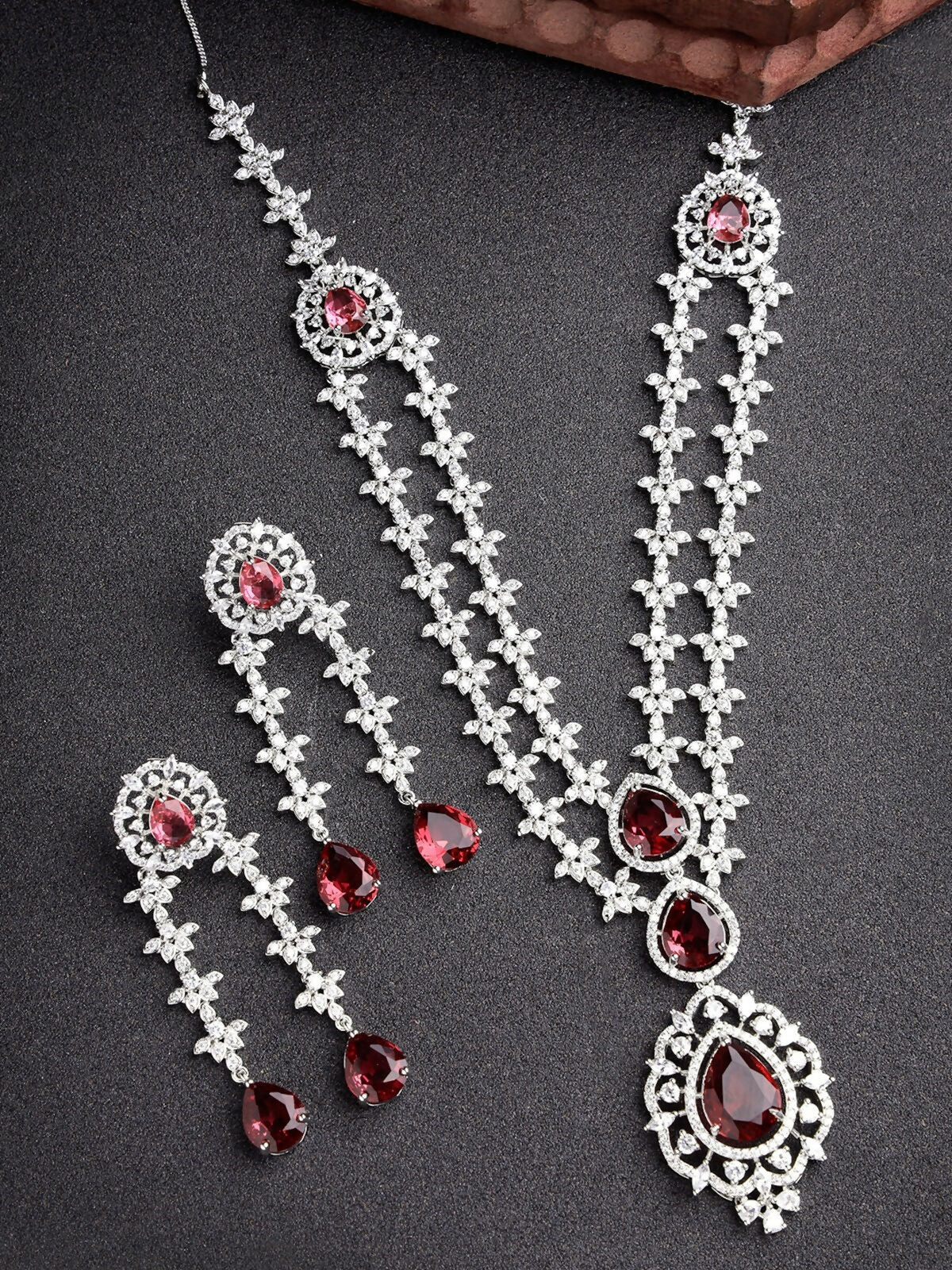 NVR Women's Silver-Plated Red CZ-Studded Handcrafted Jewellery Set