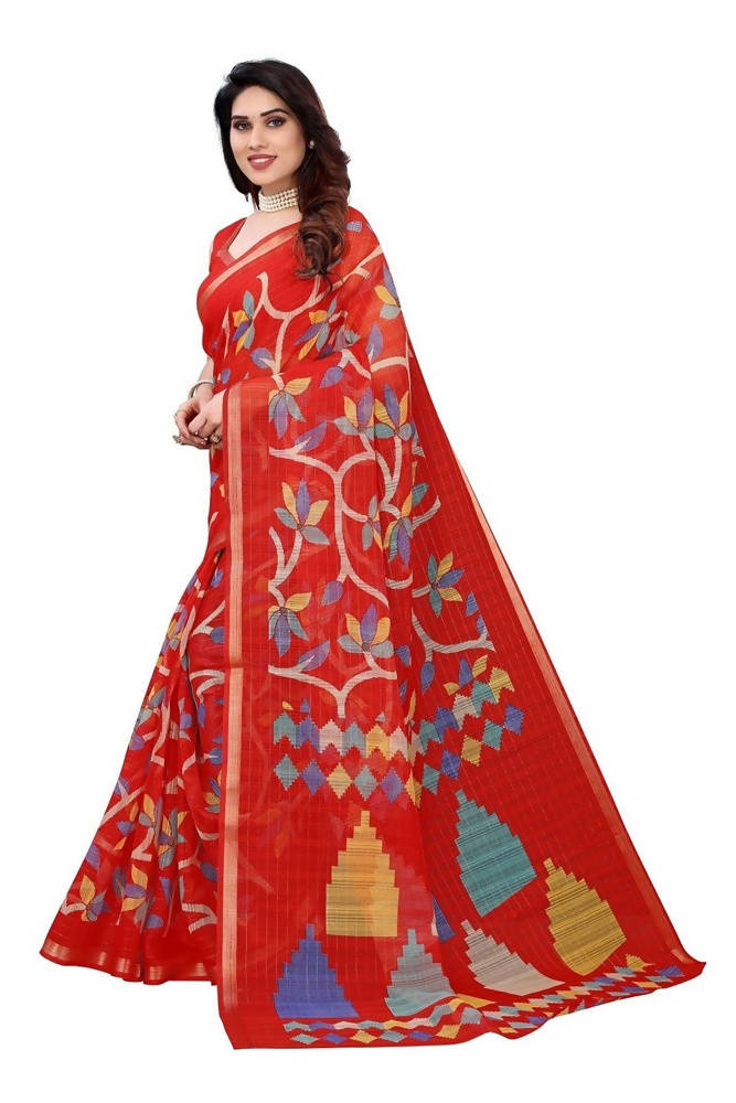 Vamika Red Linen Zari Border Beautiful Saree