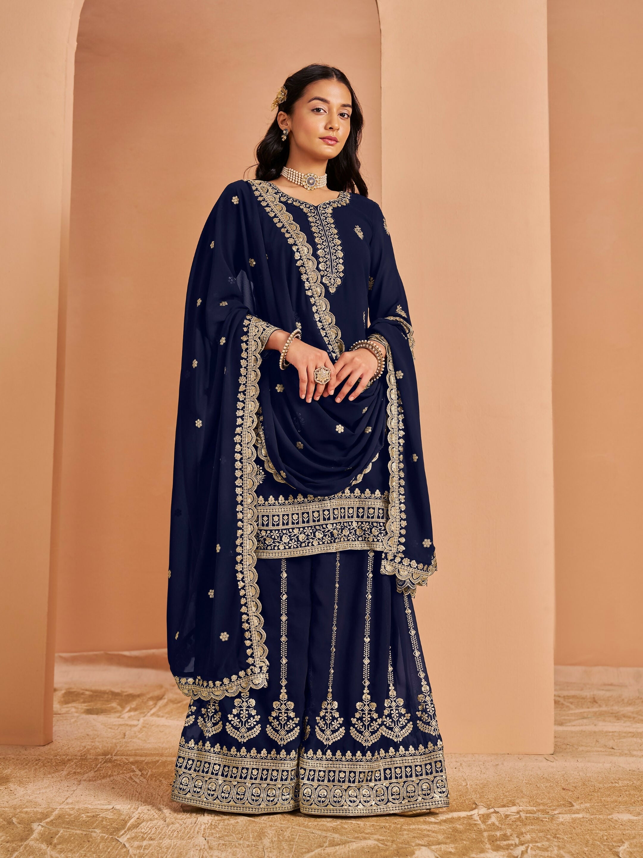 Anaita Navy Blue Premium Georgette Embroidered Stitched Salwar Suit - Distacart