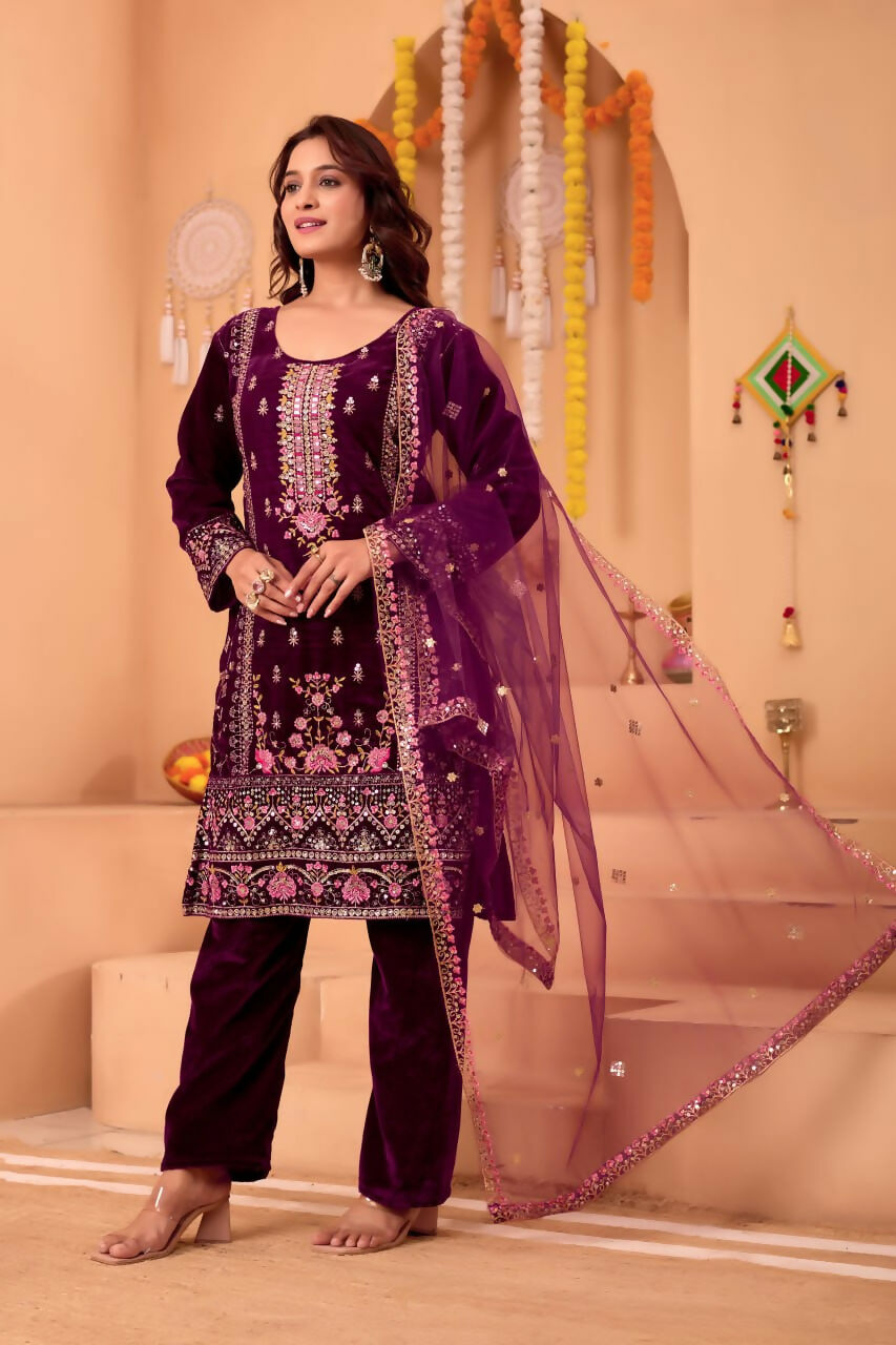 Joban Fashion Purple Kurta Set Velvet Embroidery Sequence Work - Distacart