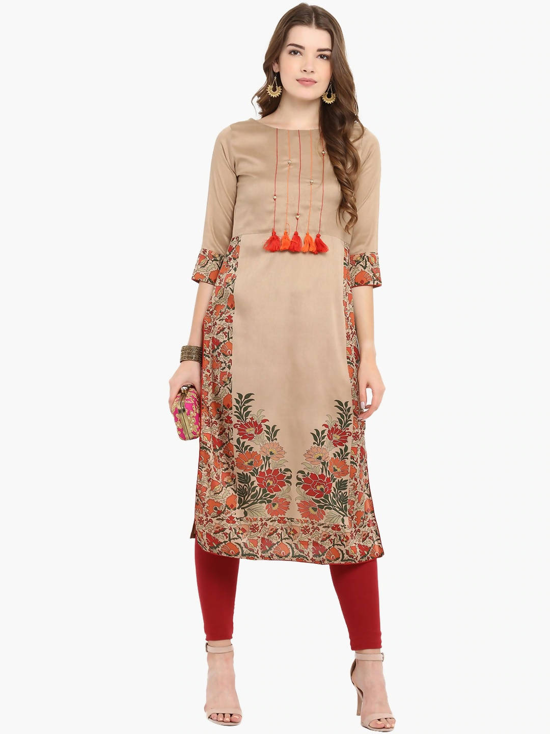 Janasya Brown Printed Straight Kurta - Distacart