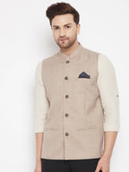 Even Apparels Cream Linen Men's Nehru Jacket-Contrast Lining-Inbuilt Pocket Square - Distacart