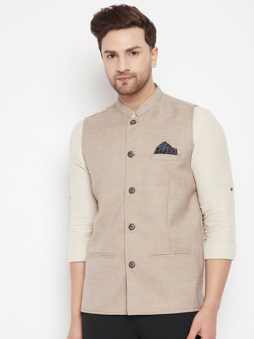 Even Apparels Cream Linen Men's Nehru Jacket-Contrast Lining-Inbuilt Pocket Square - Distacart