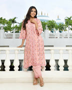 Vaasva Women's Peach Cotton Printed Kurta Pant Set