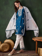 Sangria Teal Blue Paisley Embroidered Thread Work Straight Kurta & Trouser With Dupatta