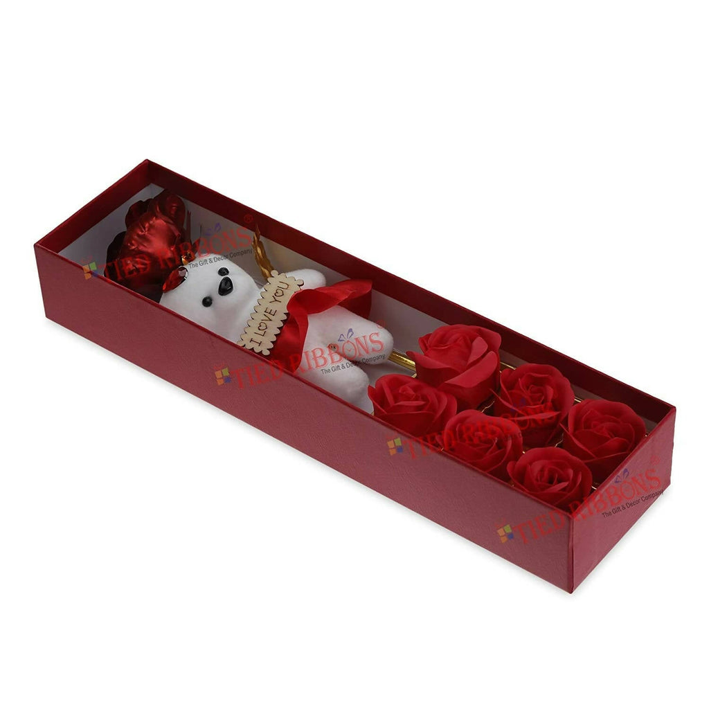 Tied Ribbons Rose Flower Artificial With Teddy - Valentines Day Gift Box
