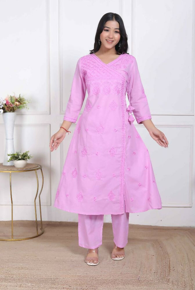 Miravan Womens Pink Lucknowi Angrakha Style Kurta With Palazzo - Distacart