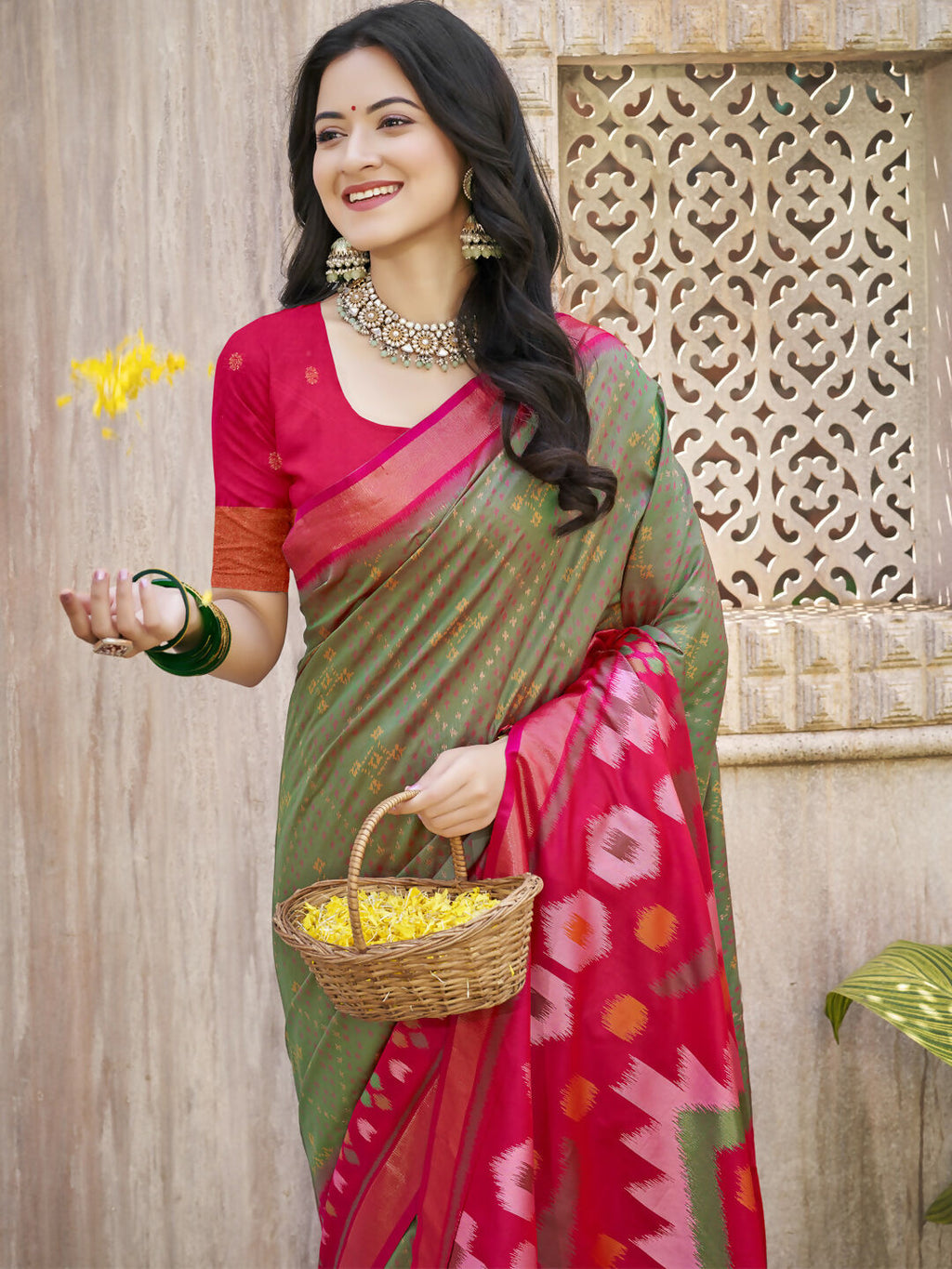 Shree Shyam Fashion Pochampalli Silk Mhendi Green Saree - Distacart