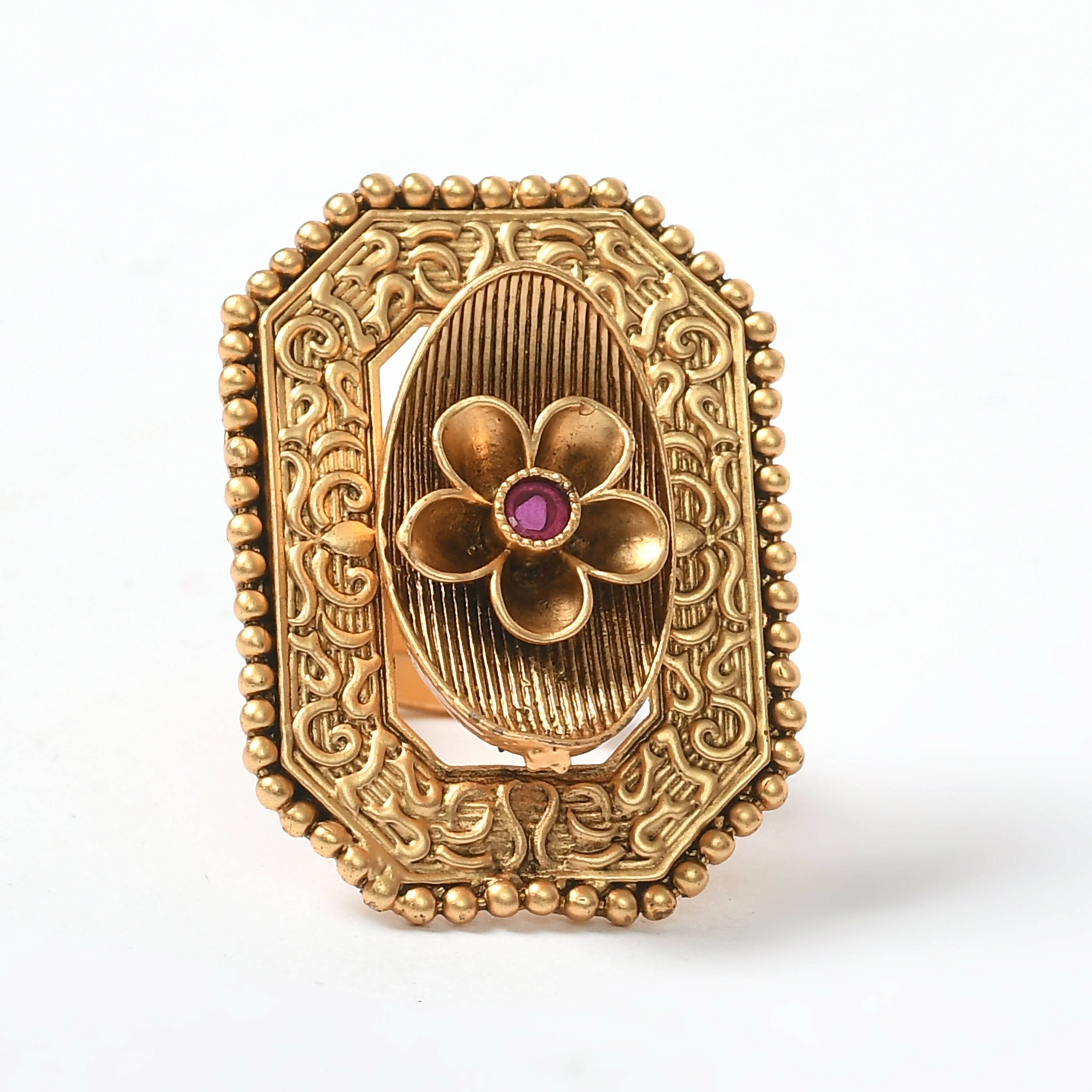 Mominos Fashion Joharkamal Gold-Polished Stone Studded Adjustable Finger Ring - Design 018