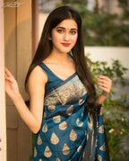 DEIANA'S Beautiful Designer Golden zari Soft Lichi Silk Saree - Navy Blue
