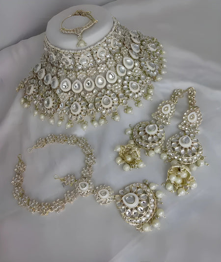 Jewel City Luxurious White Kundan Bridal Set - Complete Semi Wedding Jewelry Collection with Pearl Embellishments