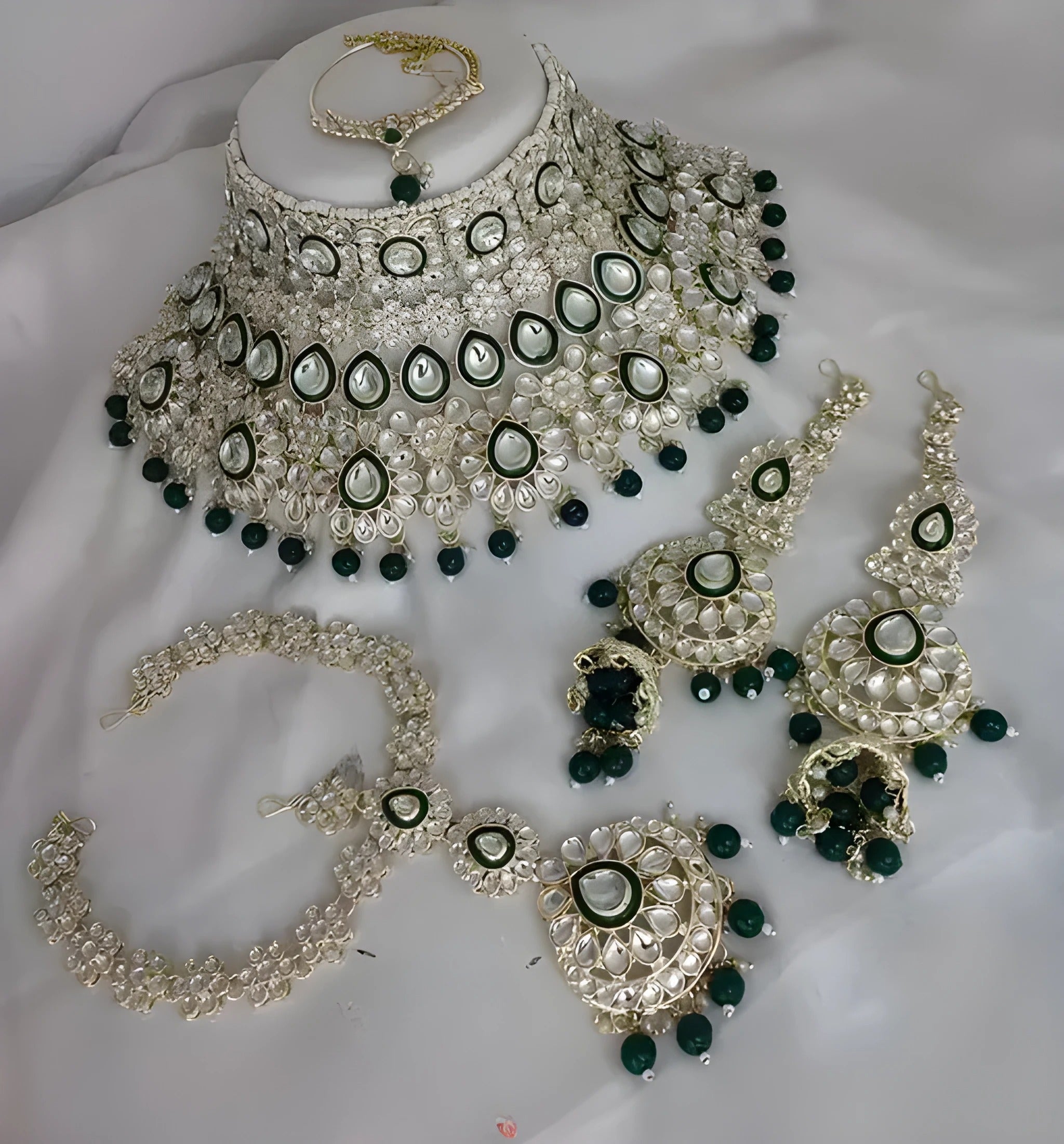 Jewel City Luxurious Green Kundan Bridal Set - Complete Semi Wedding Jewelry Collection with Pearl Embellishments - Distacart
