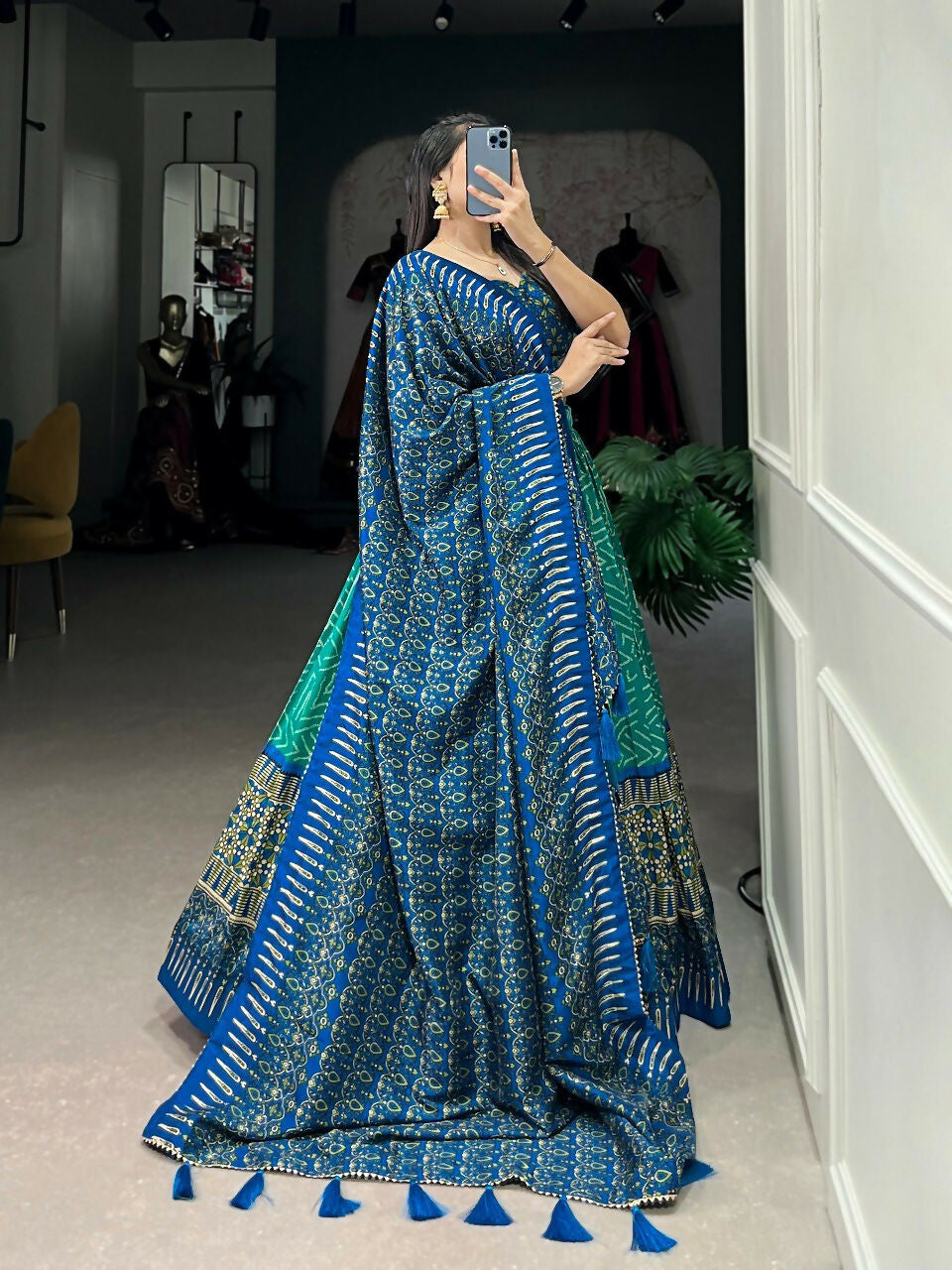 Vastranavya Bandhej And Ajarakh Print Tussar Silk Lehenga Choli - Green