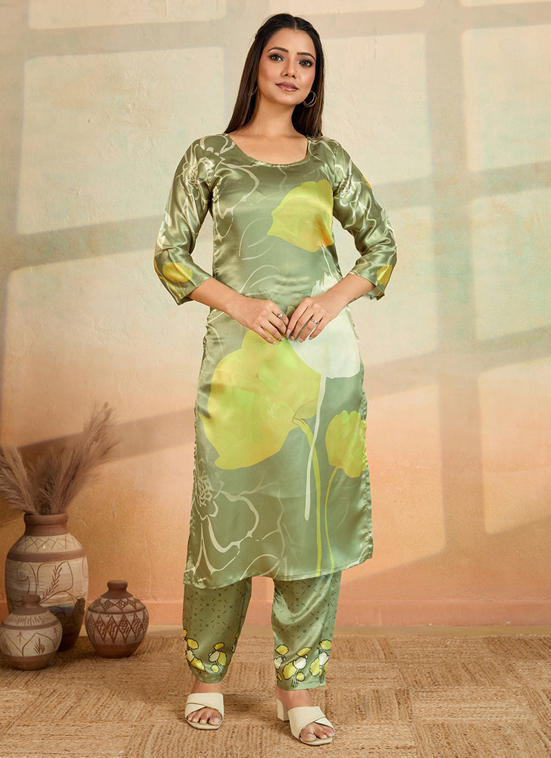 Prazu Fashion Mahendi Green Printed Cotton Reyon Kurta Pant Set - Distacart