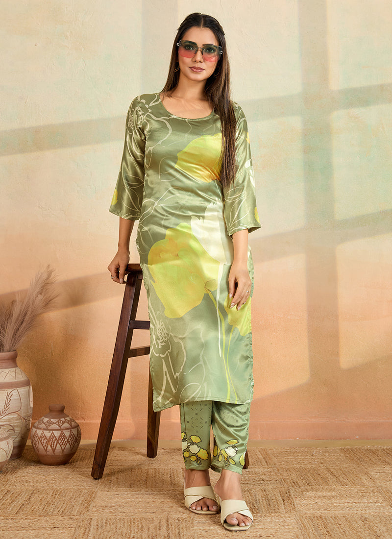 Prazu Fashion Mahendi Green Printed Cotton Reyon Kurta Pant Set - Distacart