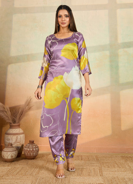 Prazu Fashion Light Lavender Printed Cotton Reyon Kurta Pant Set