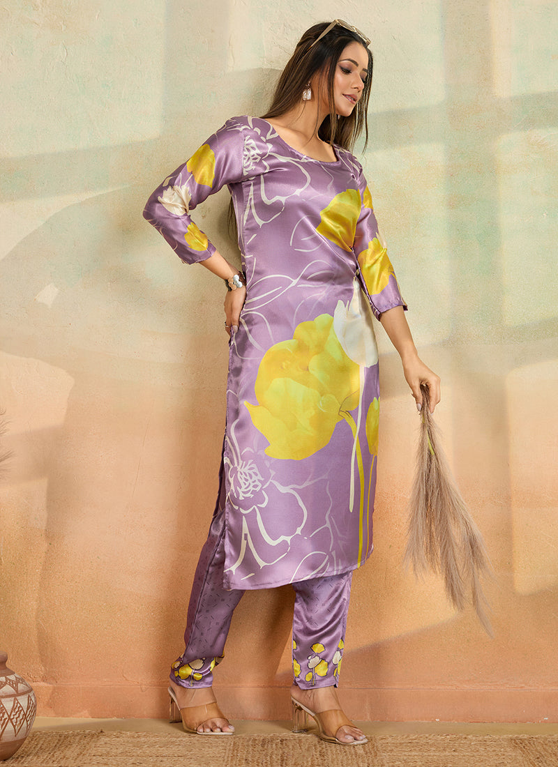 Prazu Fashion Light Lavender Printed Cotton Reyon Kurta Pant Set - Distacart