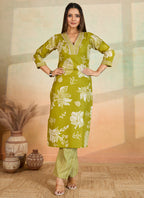 Prazu Fashion Parrot Green Printed Cotton Blend Kurta Pant Set - Distacart